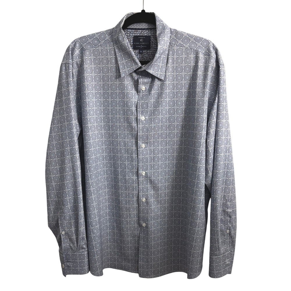 Con.Struct Tailored Fit Button Down Shirt Mens XL Blue Geometric 4-Way Stretch